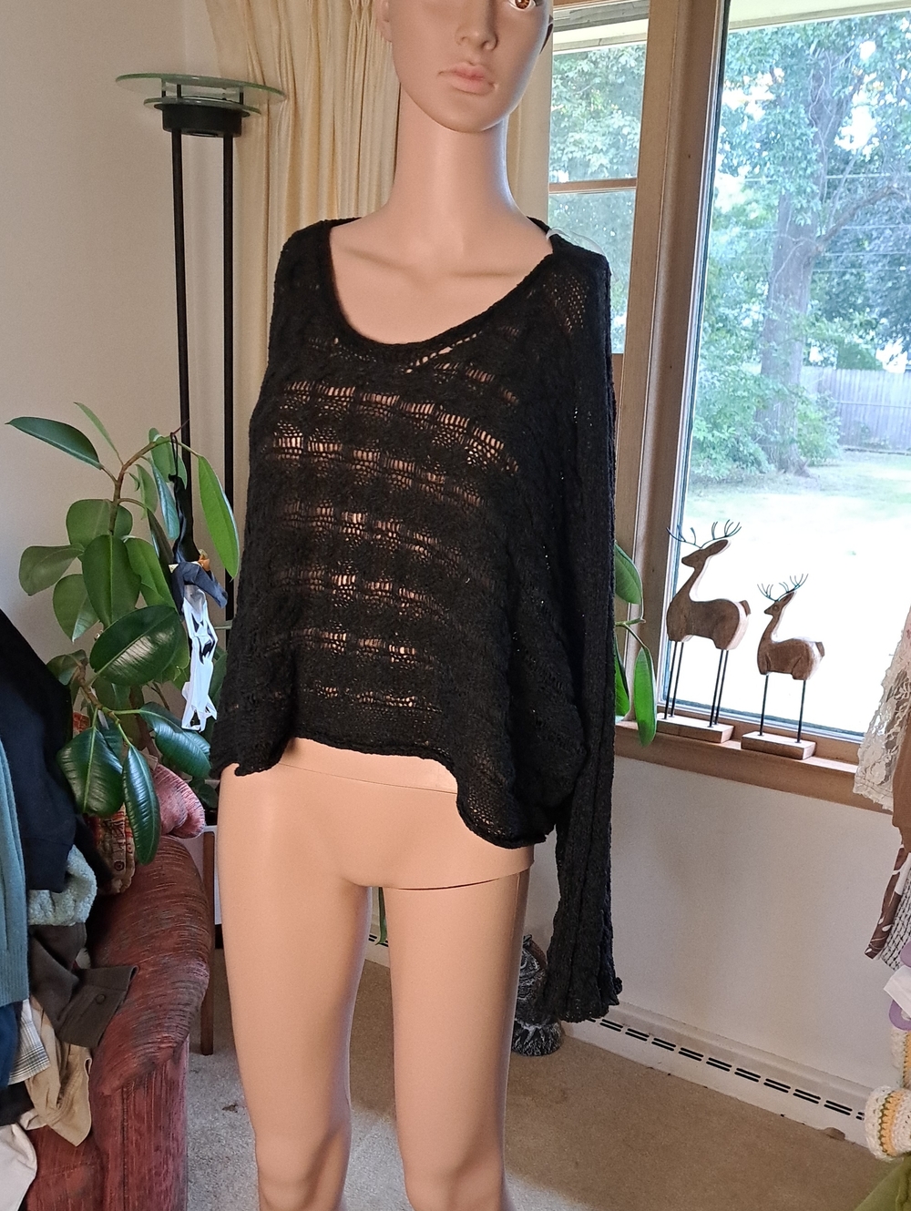 POL Black Open-Knit Scoop Neck Sweater Oversized Ptp 30